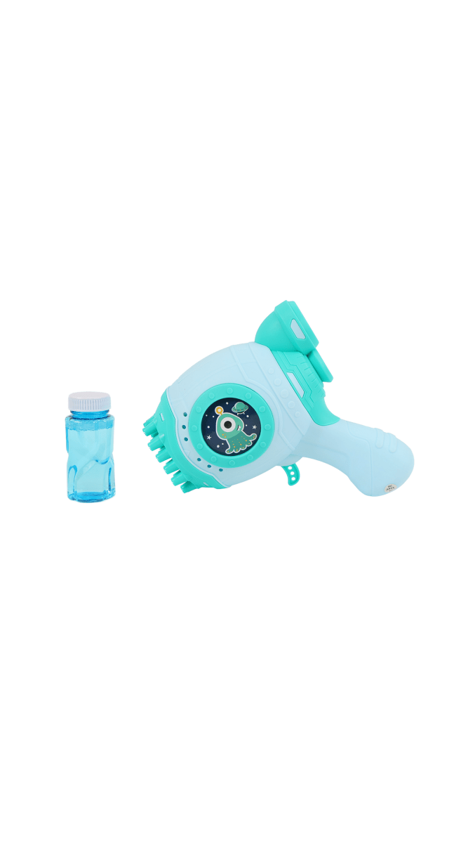 Turquoise electric bubble gun with 32-hole head and small bubble bottle