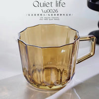 Amber glass mug with faceted sides and rectangular handle.