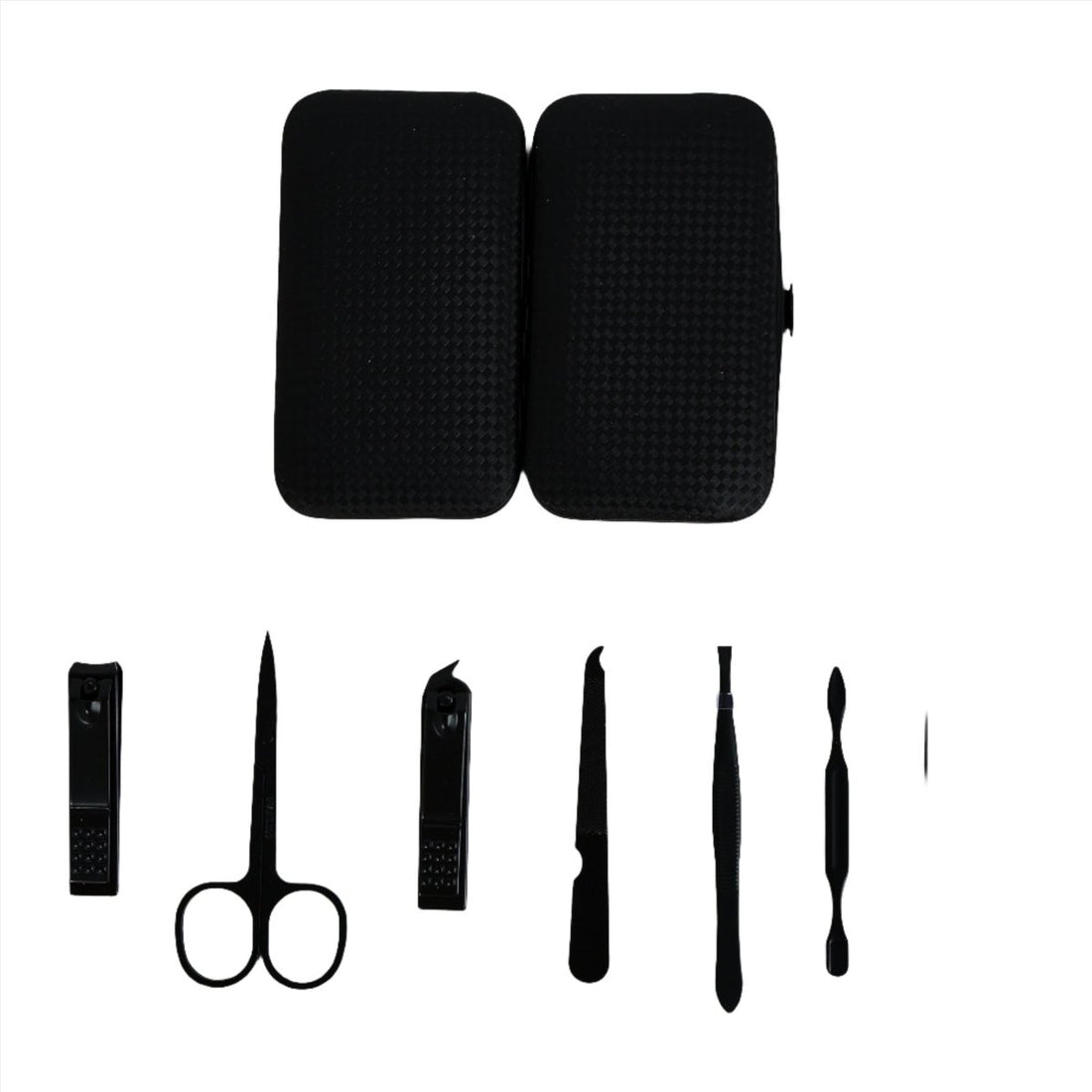 Compact manicure set case with tools displayed: clippers, scissors, and nail files