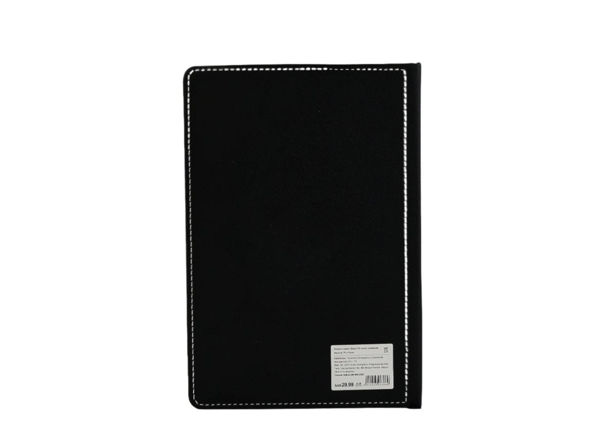 Black notebook cover with stitched border and barcode label