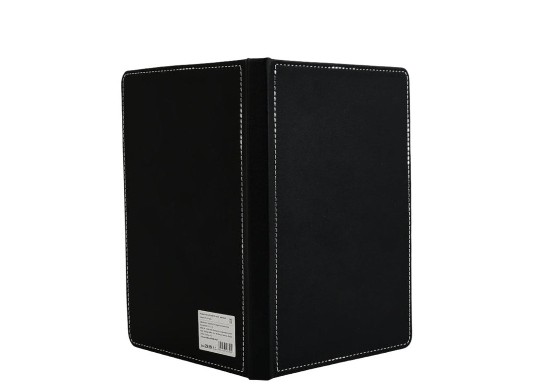 Black notebook with spine and back panel, stitched edges and label