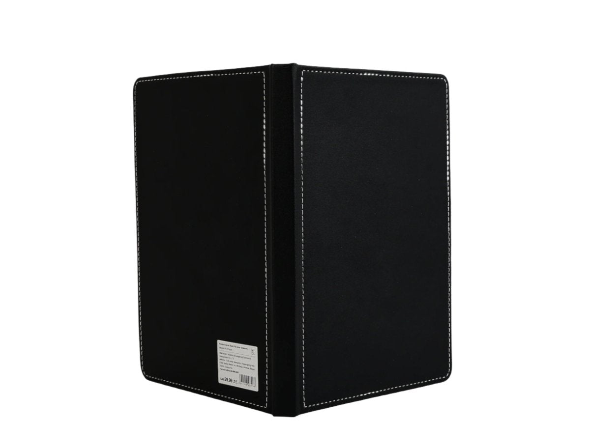Black notebook with spine and back panel, stitched edges and label