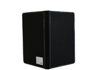 Black notebook with spine and back panel, stitched edges and label