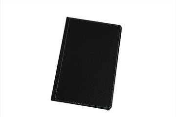 Black durable notebook with stitched cover, front view