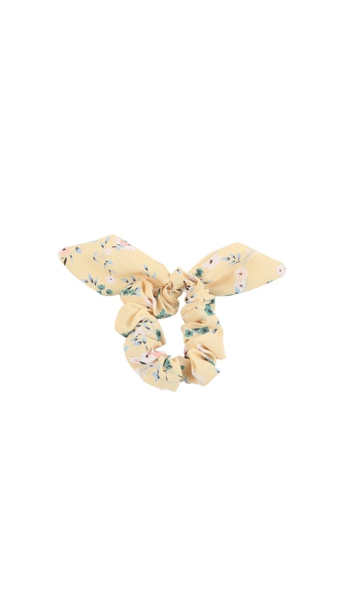 Floral scrunchie, light cream with tiny pastel flowers, gathered bow shape