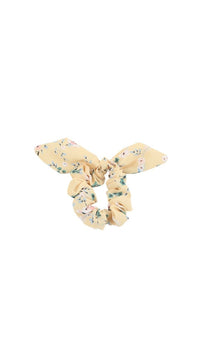 Floral scrunchie, light cream with tiny pastel flowers, gathered bow shape