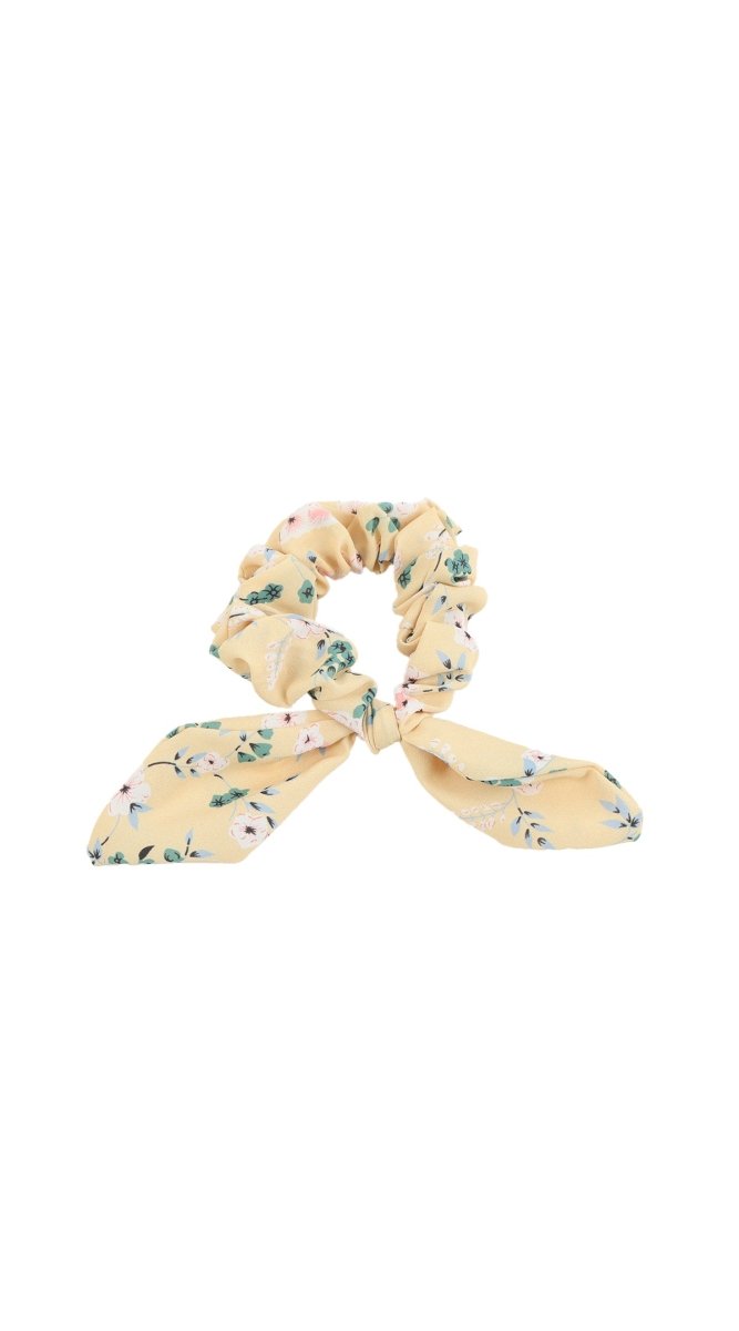 Floral scrunchie, light cream with small multicolor flowers and bow-knot
