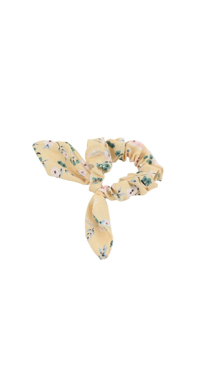 Floral scrunchie, cream base with pastel flowers, twisted knot center