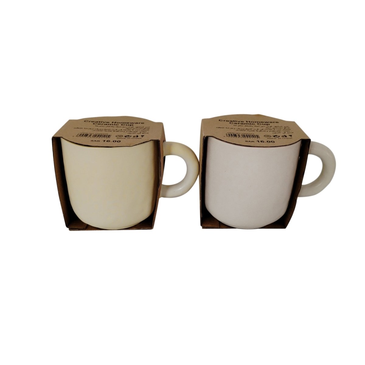 Ceramic cups in packaging, cream cups with visible pink or dark interiors