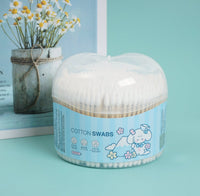 Cotton swabs dispenser with clear dome lid and white swabs, blue label