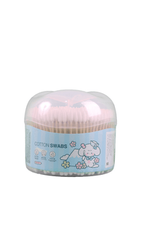 Cotton swabs dispenser with clear dome lid and white swabs inside, round container