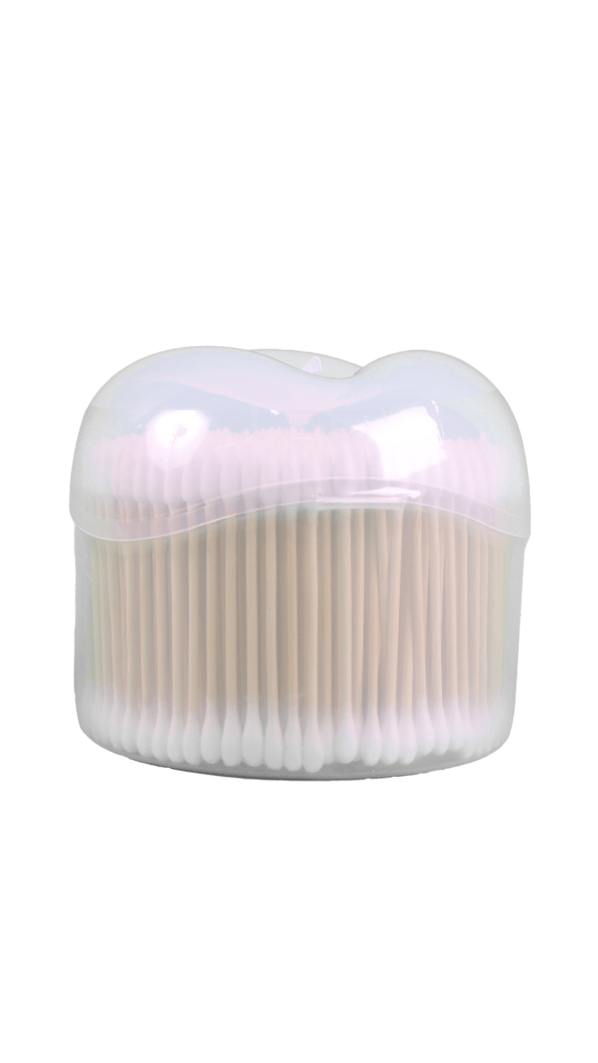 Cotton swabs dispenser with clear lid view, showing rows of white swab tips