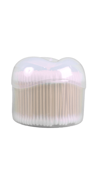 Cotton swabs dispenser with clear lid view, showing rows of white swab tips