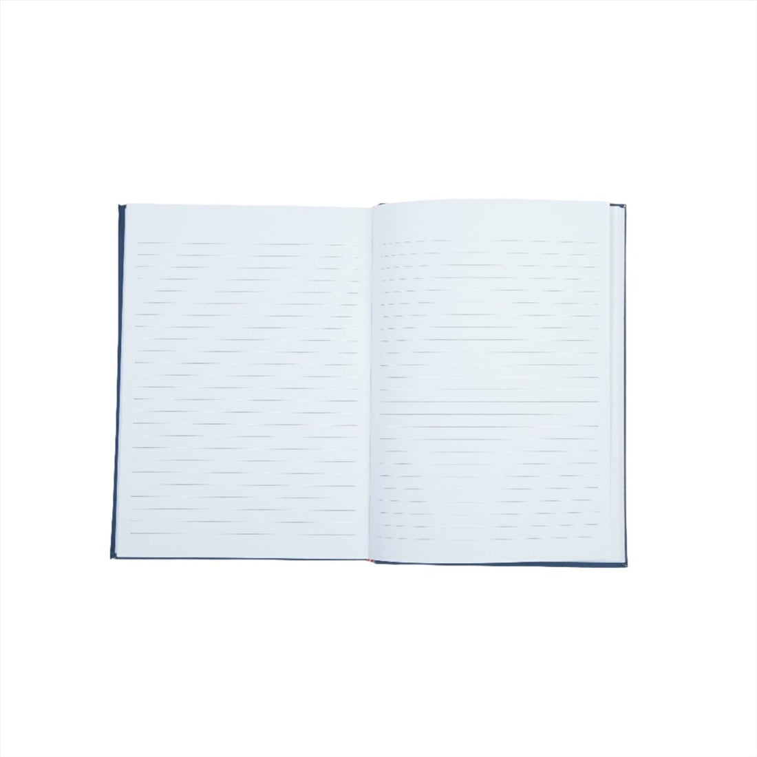 Hardback daily planner notebook, dark blue cover, open with lined pages