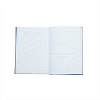 Hardback daily planner notebook, dark blue cover, open with lined pages