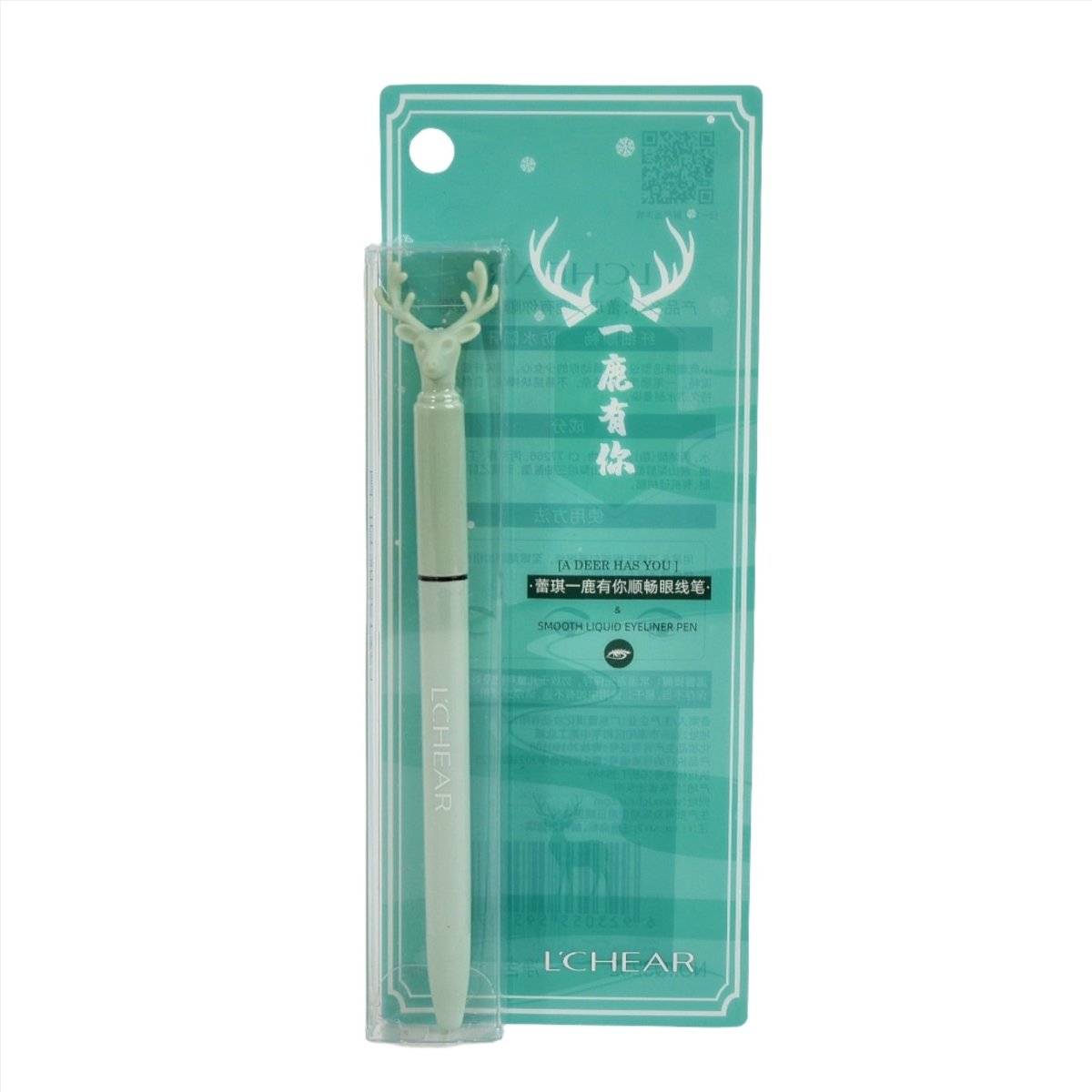 Packaged mint green deer-shaped eyeliner pen with ICHear branding.