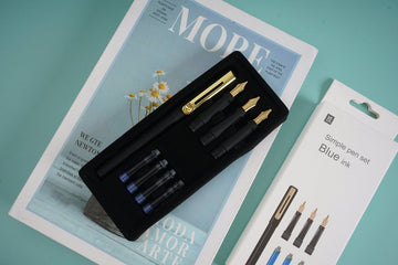Elegant fountain pen set in black with gold nibs, shown in a gift case