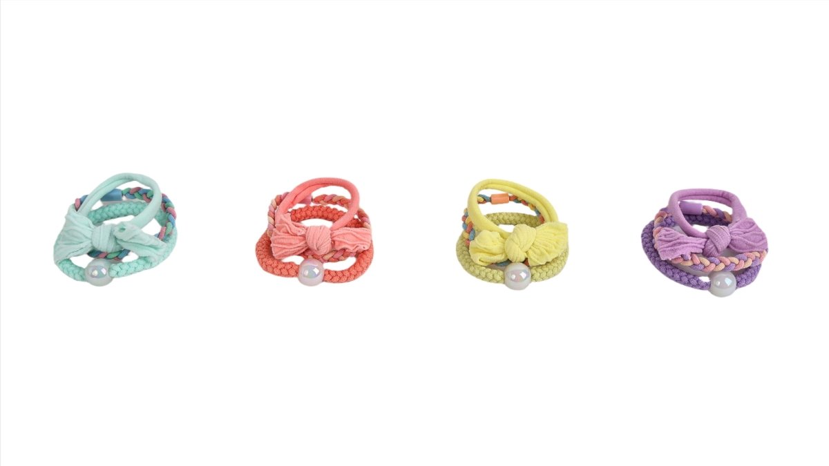 Kids hair ties and bracelets set with mint, coral, yellow, and purple braided designs