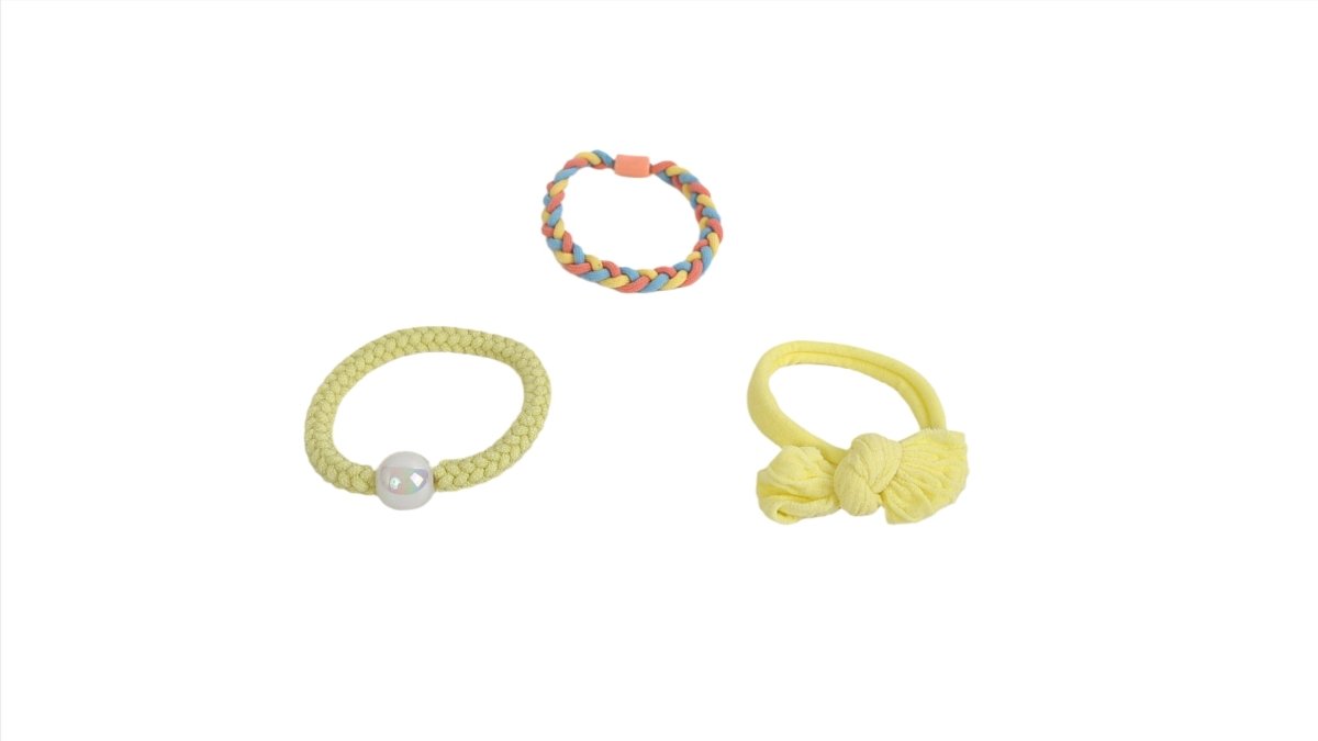 Braided kids hair tie and bracelet set in mint, yellow, and multicolor with bows