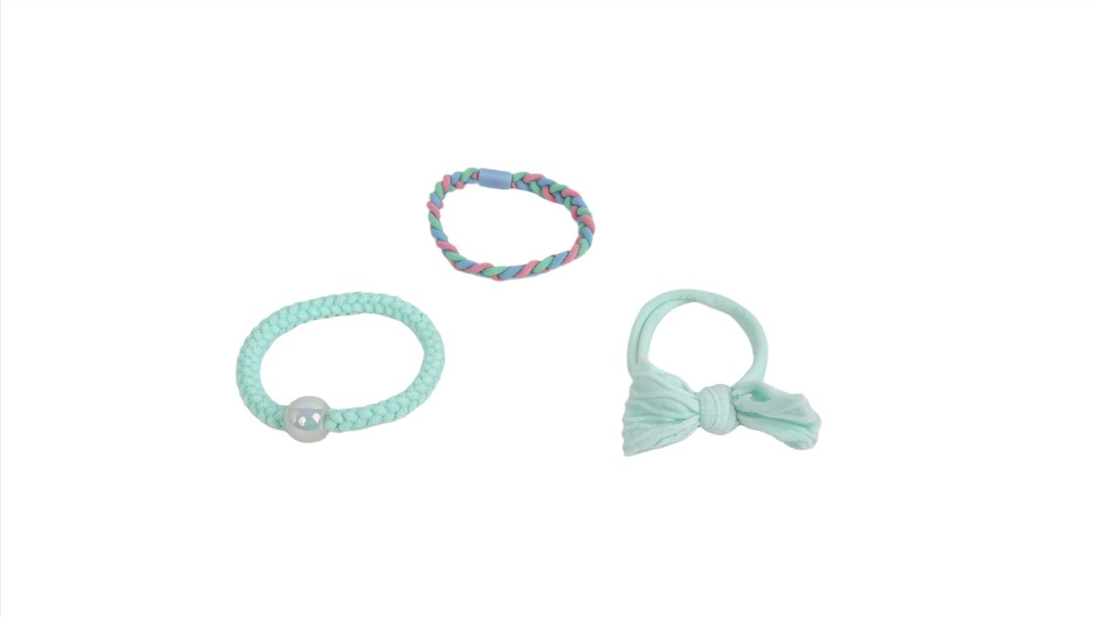 Mint teal kids hair tie and bracelet set with bow and bead details, plus multicolor band