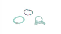 Mint teal kids hair tie and bracelet set with bow and bead details, plus multicolor band