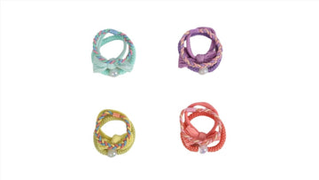 Kids hair ties and bracelets set with mint, purple, yellow, and coral braided bands