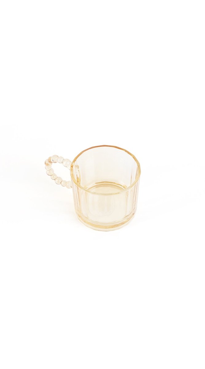 Glass coffee cup with beaded handle, amber-tinted clear glass