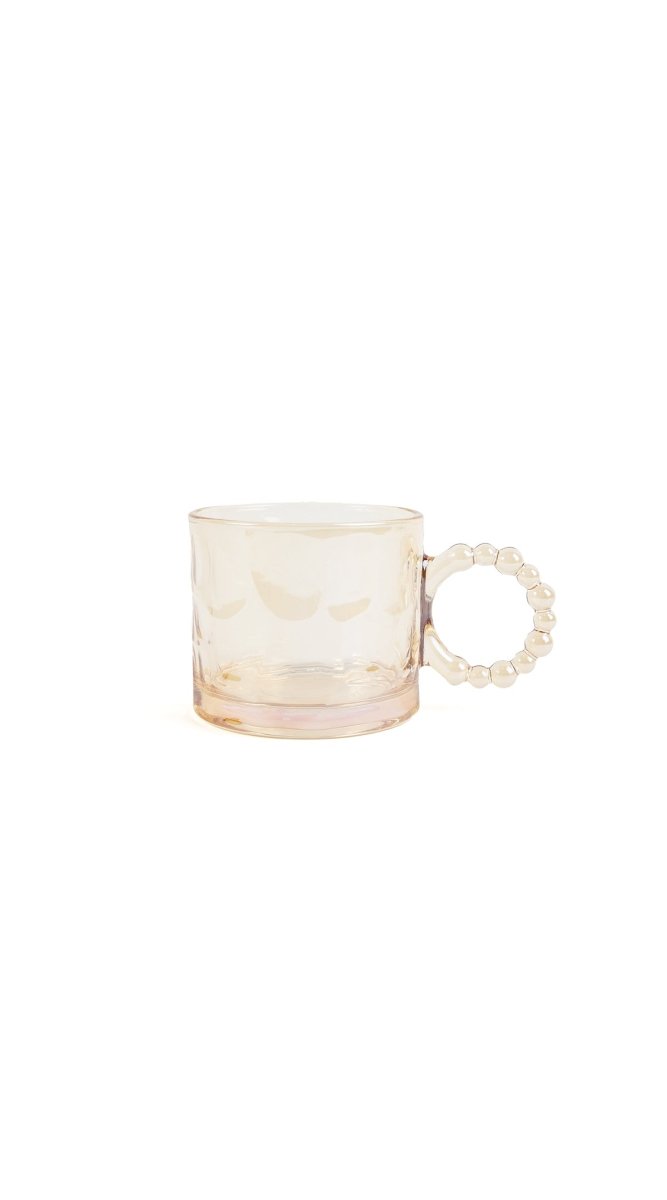 Clear glass coffee cup with beaded loop handle on side