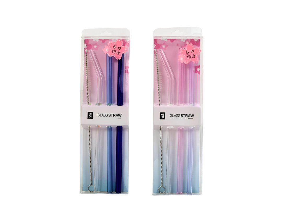 Boxed glass straw sets in blue and pink options, each with a cleaning brush