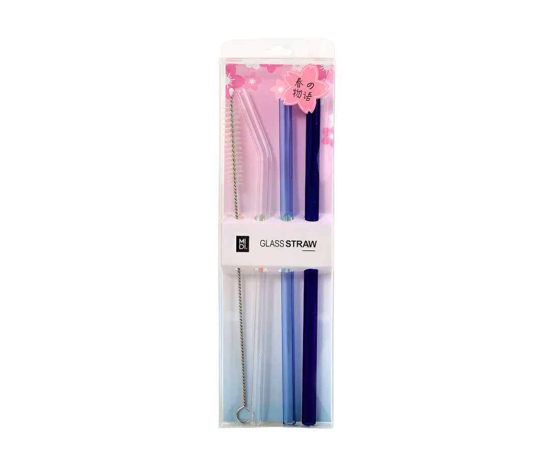 Packaged glass drinking straws with one blue and one pink straw, plus cleaning brush