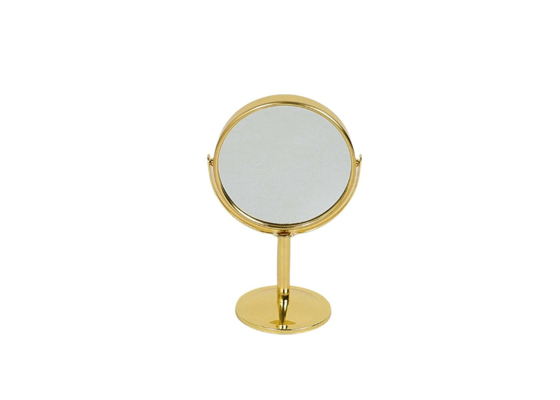 Round gold makeup mirror with circular stand base, tabletop design