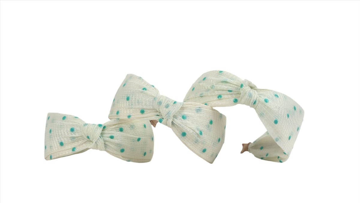 Polka dot bow headband with mint dots and fabric tails