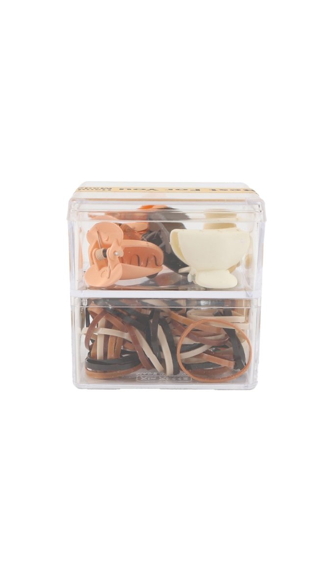 Hair claw clips and rubber hair bands set in clear box, mixed browns and creams