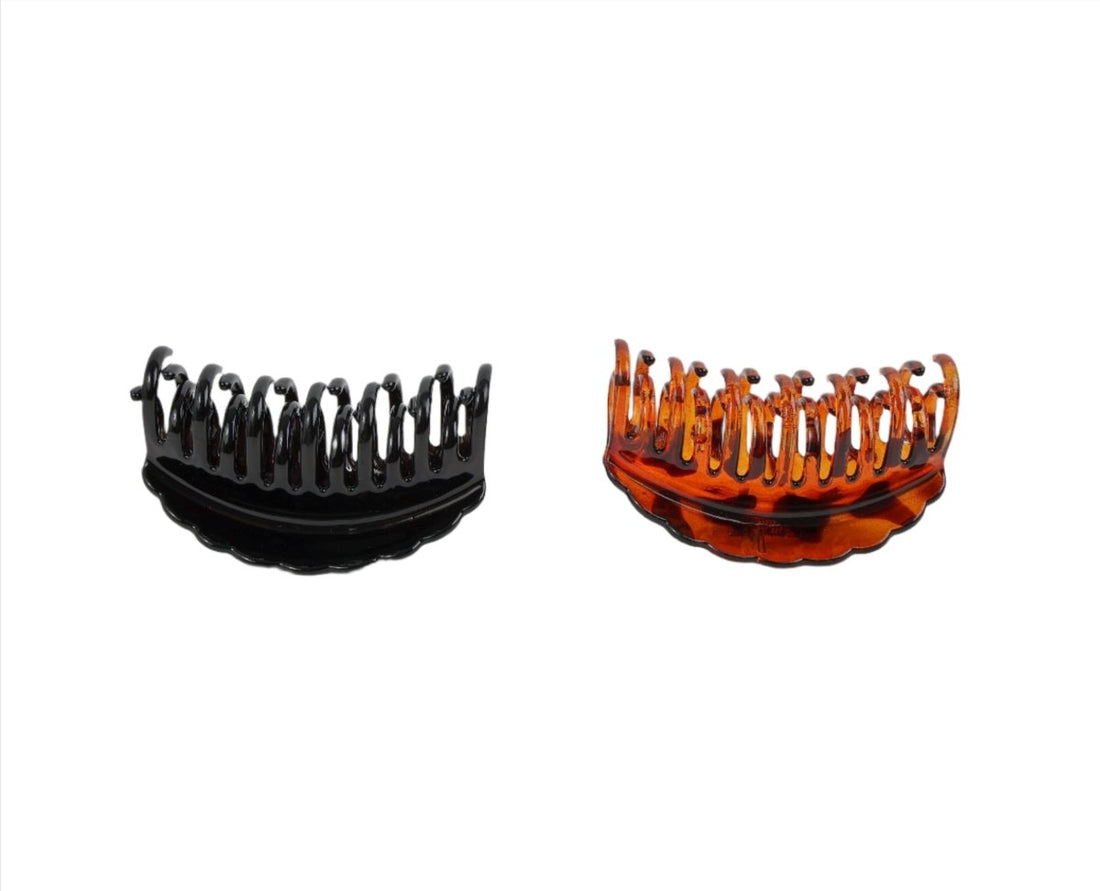 Plastic hair clips, curved comb style; black and brown options shown