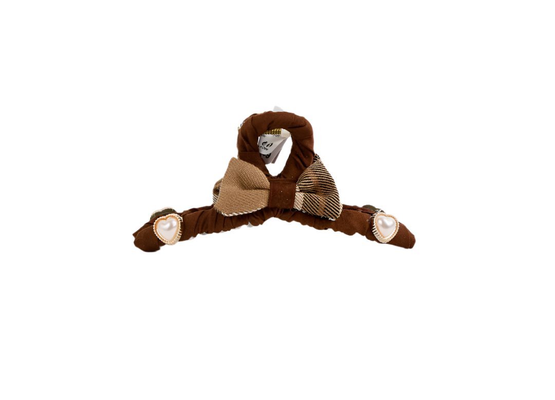Brown bow hair clip with pearl heart details and knotted fabric center