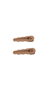 Hair clip pair, brown wavy barrette with oval cutout