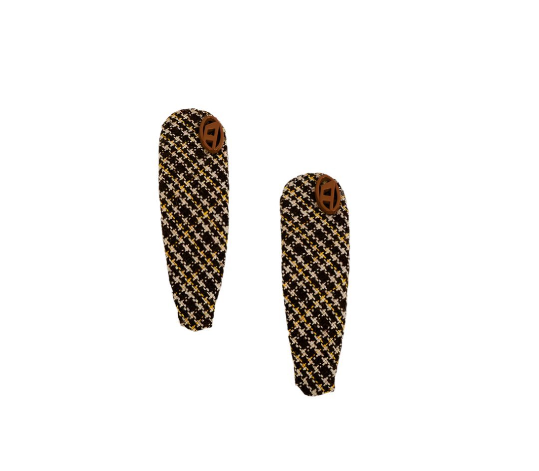Pair of woven hair clips with houndstooth pattern and decorative button, dark brown