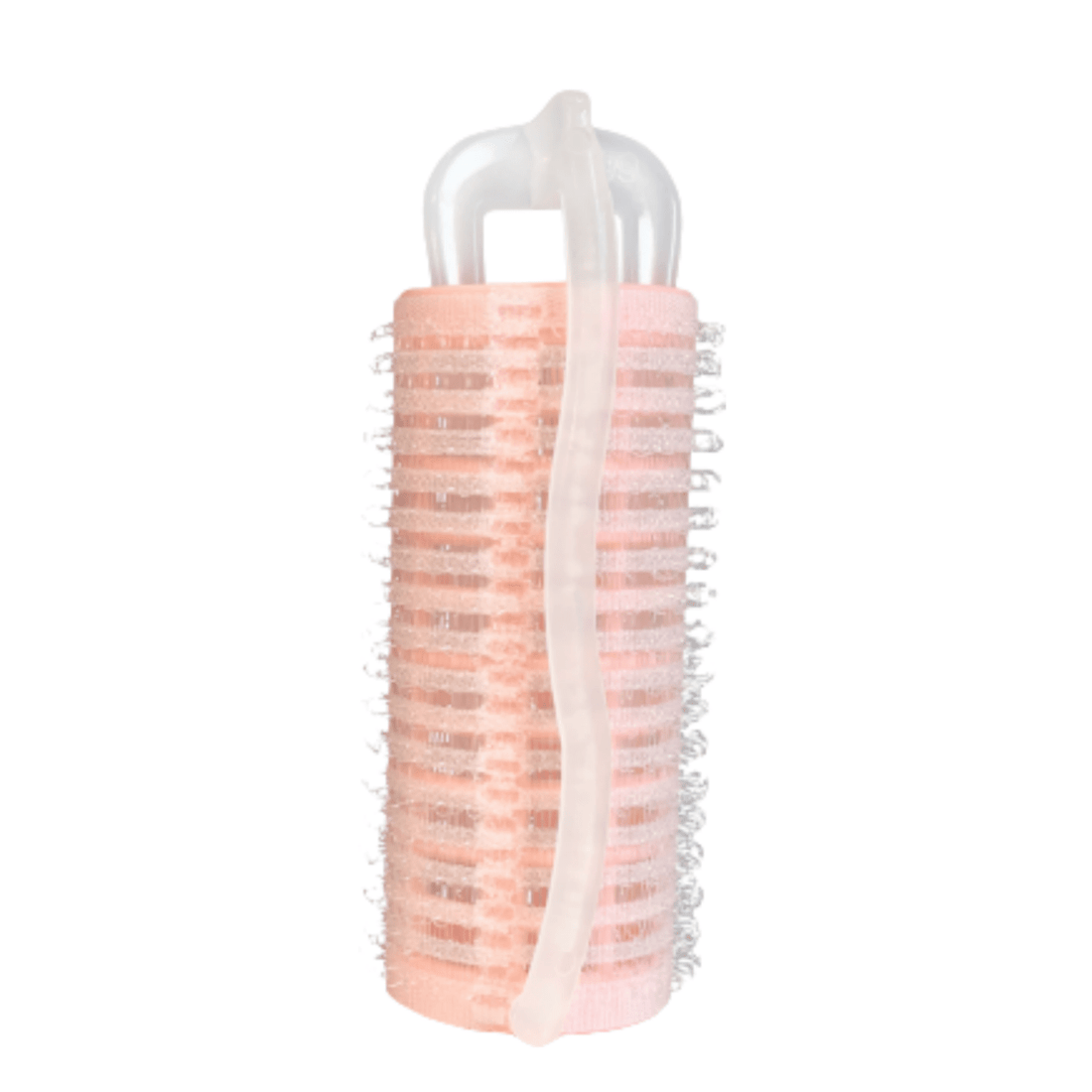 Pink hair rollers with clear holder and rows of metal pins