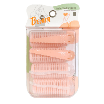 Hair roller set in clear plastic pack with pink rollers and clips