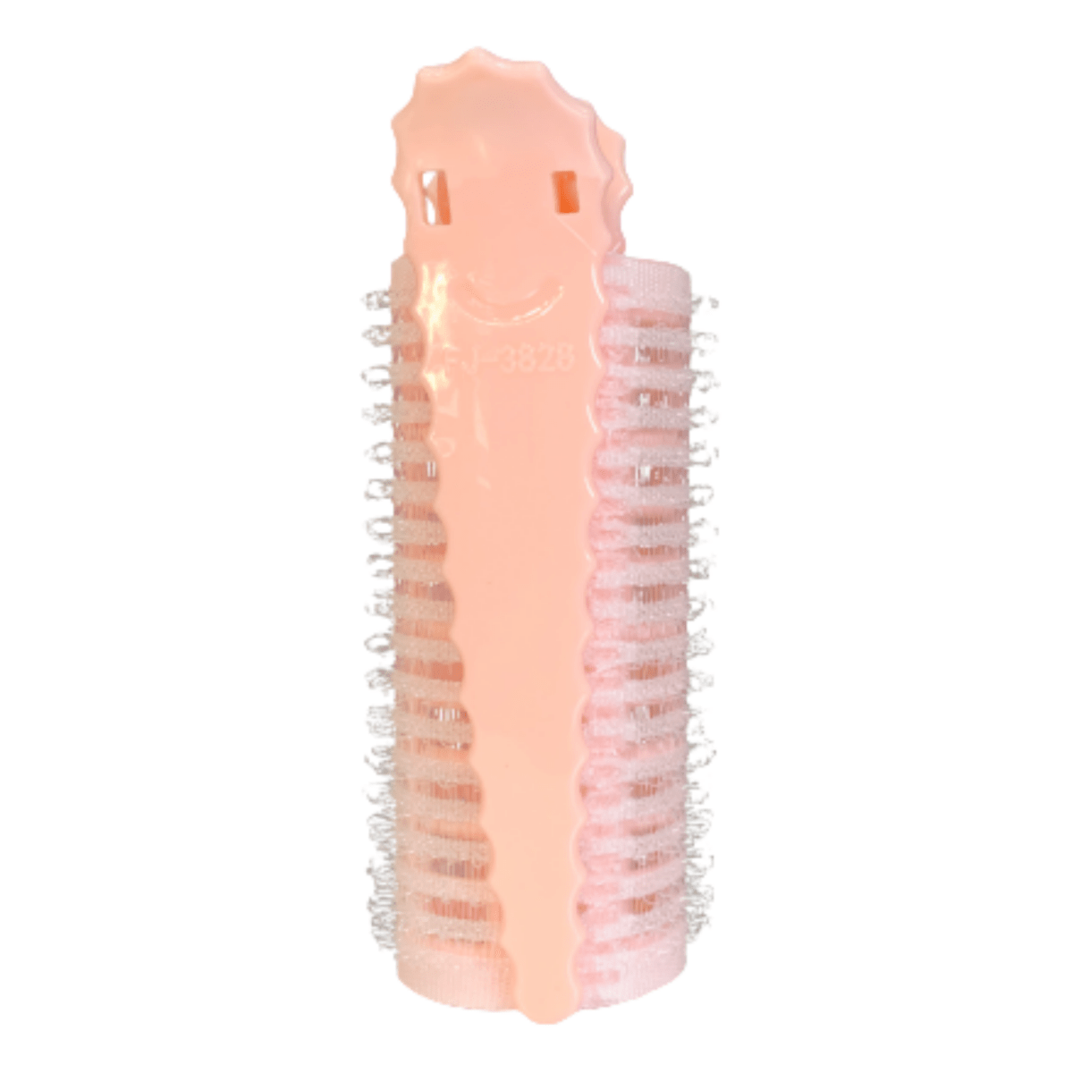 Pink hair rollers on a clear curved support, shown side view