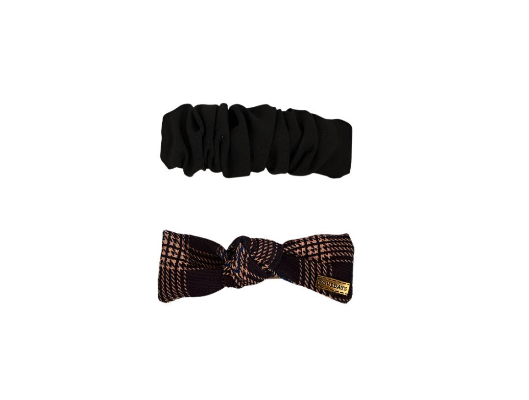 Two hair bands set: black scrunch and plaid bow hair band with central knot.
