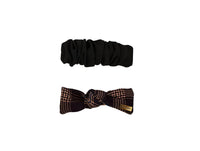Two hair bands set: black scrunch and plaid bow hair band with central knot.