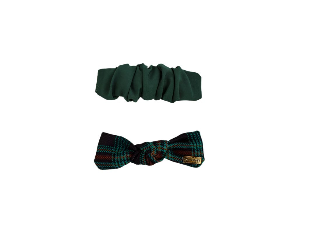 Two hair bands set: dark green scrunch and green plaid bow hair band.