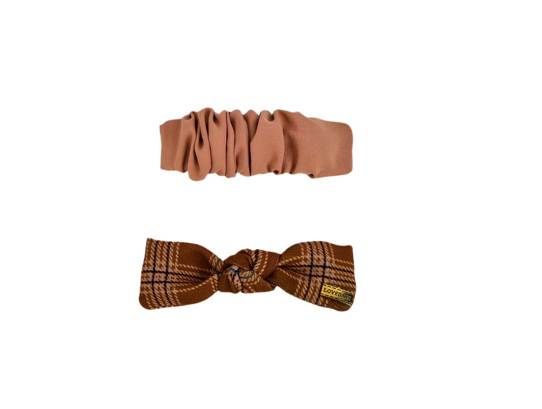 Two hair bands set: brown scrunch and plaid bow hair band with knot detail.
