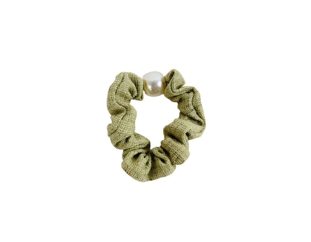 Olive Green Hair Scrunchie with Pearl Detail 1