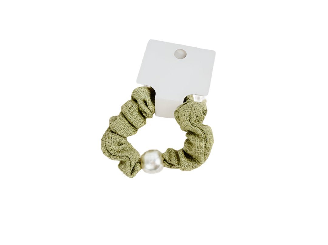 Olive Green Hair Scrunchie with Pearl Detail 3