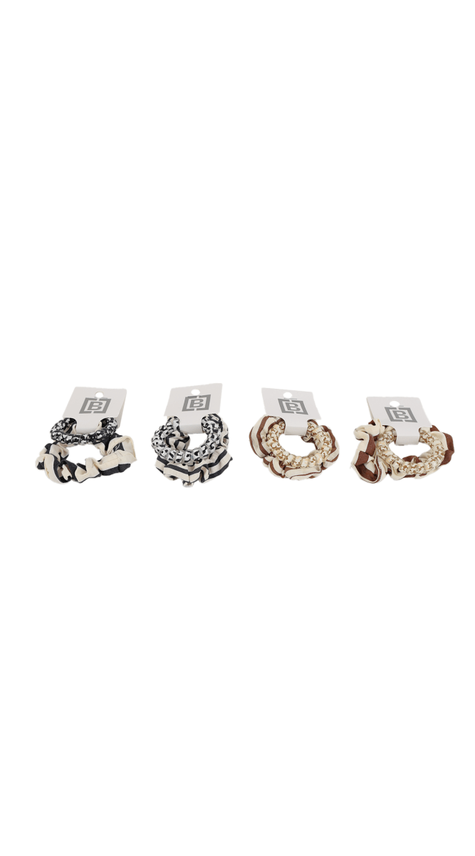 Interwoven pattern hair tie set with four scrunchies and interwoven bands