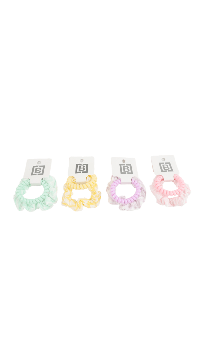 Four scrunchie-style hair ties: mint, yellow, lavender, pink