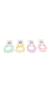 Four scrunchie-style hair ties: mint, yellow, lavender, pink