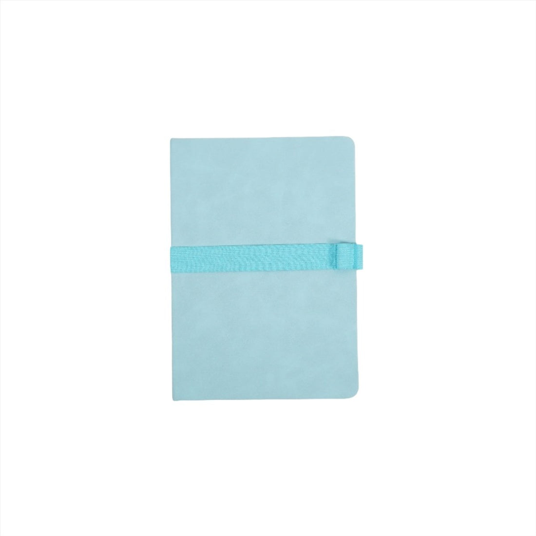 A5 notebook with light green PU plastic cover and teal wrap strap, closed.
